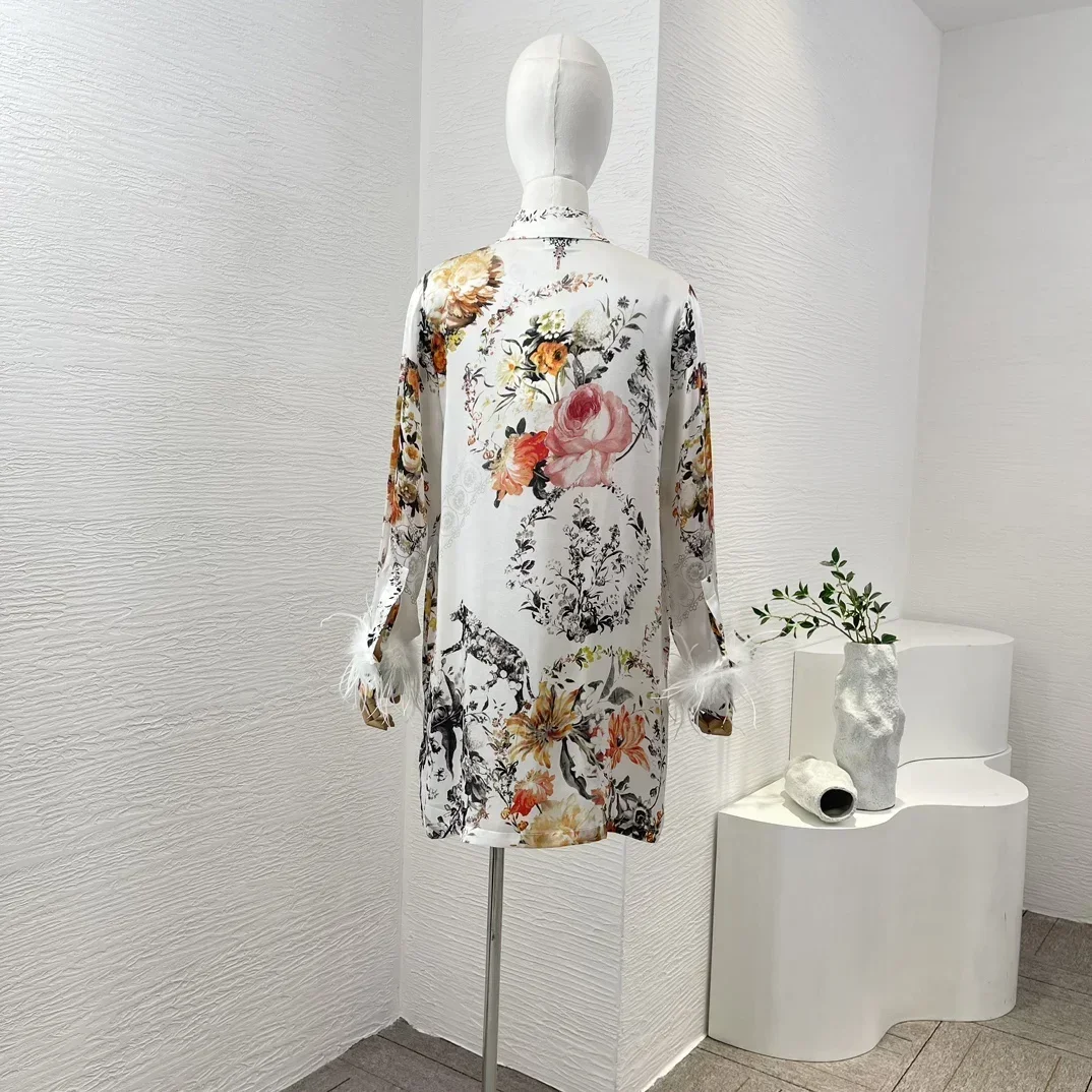 White Re-tro High Quality Silk Floral Print 2024 New Women Clothing Long Sleeve Feather Spring Summer Blouse Tops