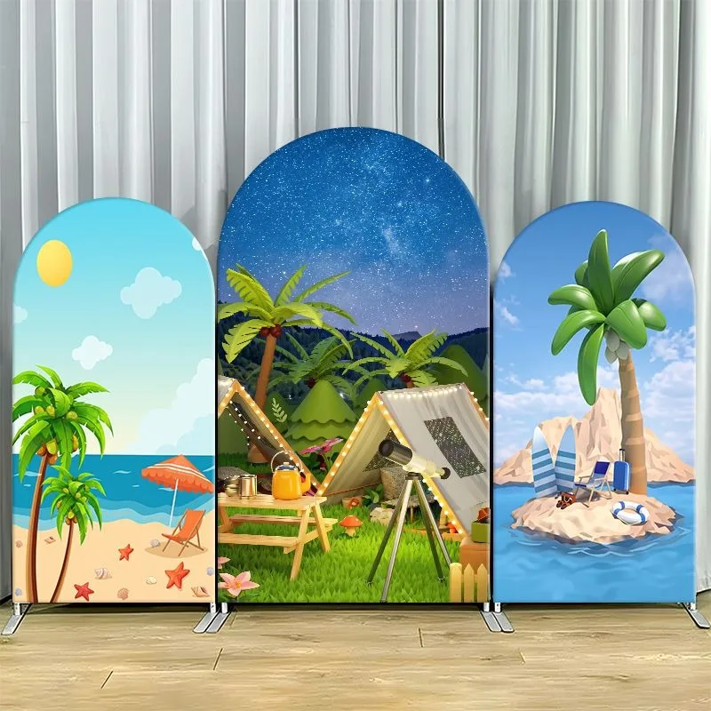 Elastic Double-layer Arch Backdrop Cover Beach Paradise Backdrop Set Tropical Island Sunset Camping Night Sky Party Decor