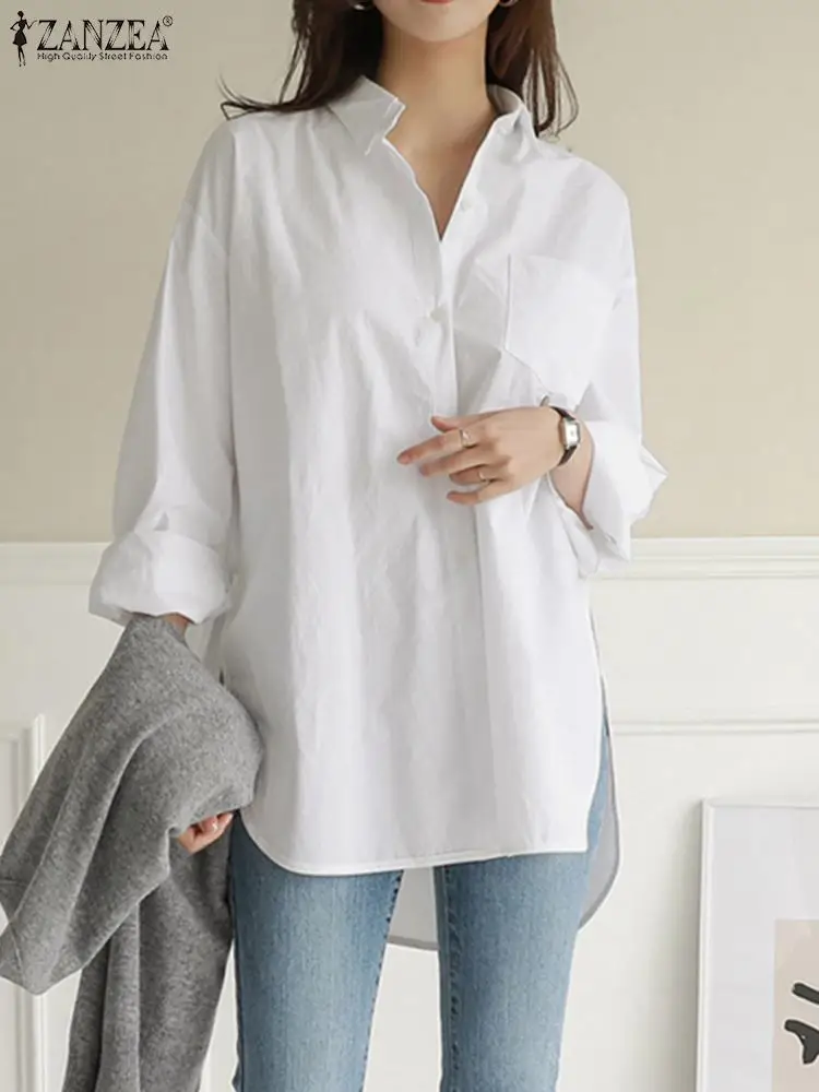 ZANZEA Elegant Summer Shirts 2023 Women Long Sleeve Vintage Tunic Tops Solid Cotton Blouse Casual Irrgular Hem Blusas Femininas