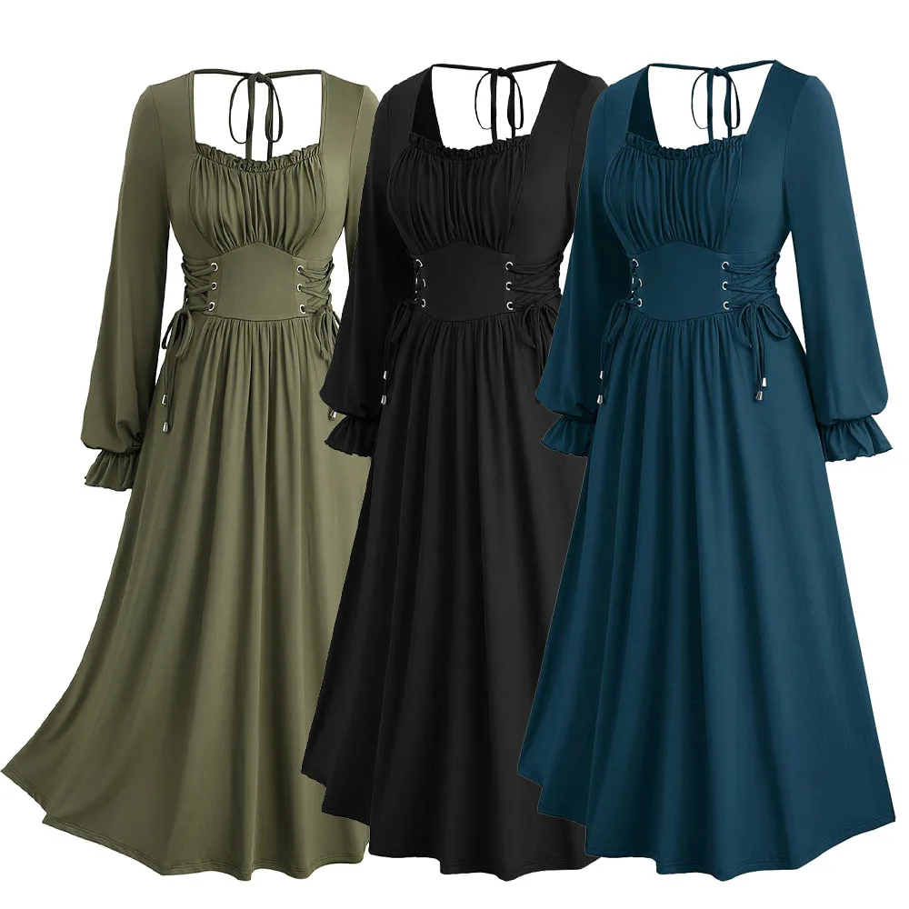 

ROSEGAL Plus Size Women's Lace Up Ruched Ruffles Poet Sleeves Dress New Spring Autumn Casual Midi Solid Color Dresses
