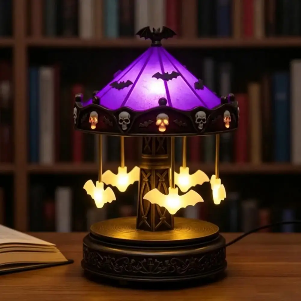 Niche Home Accents Halloween Ghost Carousel Lights Stained Glass Night Light Retro Base Ambient Lamp Usb for Bedroom