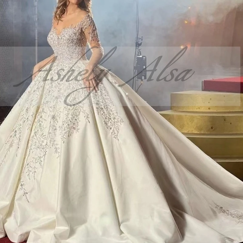 AQ212 Customized Women Wedding Dresses Illusion Long Sleeve Sheer Neck Applique Satin Puffy Bride Bridal Gown Vestido De Noiva