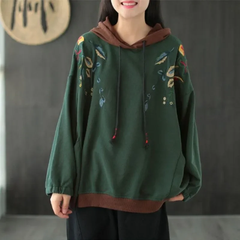 Orange Female Clothes Hooded Hoodies Graphic Sweatshirts for Women Pullovers Green Embroidered Tops Y 2k Vintage Warm Kpop 90s M