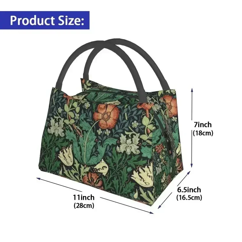 William Morris Compton Floral Art Nouveau Pattern Resuable Lunch Boxes for Women Waterproof Textile Pattern Insulated Lunch Bag