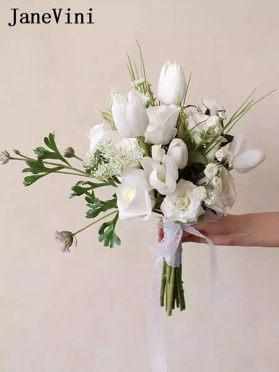 JaneVini Korean Style Real Touch White Roses Tulip Artificial Flower Wedding Bouquets Lace Handle Bride Photography Hand Flowers