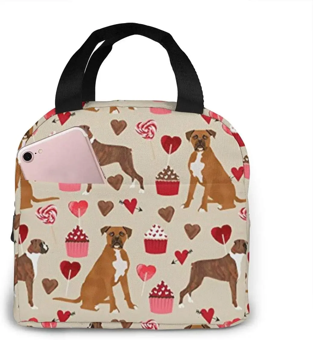 Boxer Dog Valentines Love Cupcakes Lunch Bag for Women Girls Kids Insulated Picnic Pouch Thermal Cooler Tote Bento Large Meal