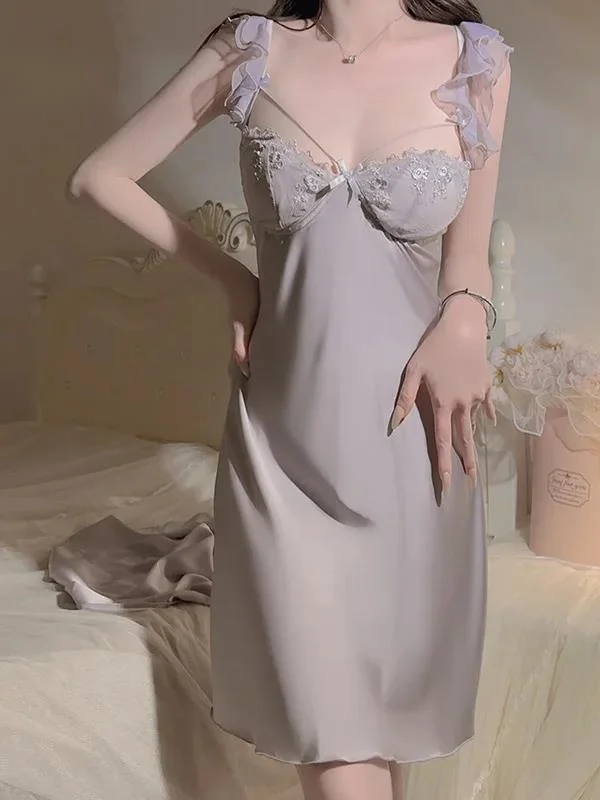 Surface Chest Satin Cushion Sweet Flying Sleeves Deep V-shaped Seductive Simple Backless Loose Middle Length Dress Elegant YKTB