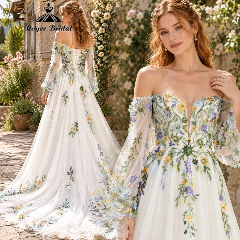 Roycebridal Appliques A Line Wedding Dresses 2027 Colorful Embroidery Off The Shoulder Bridal Gown Customized Vestido De Novia