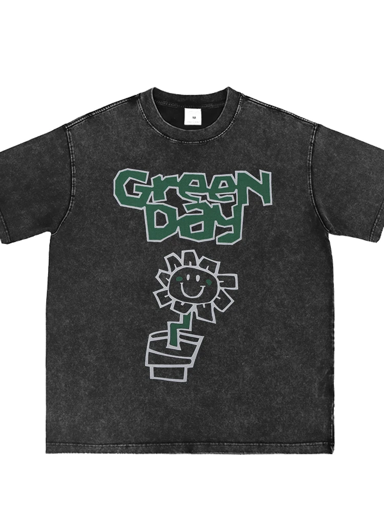 Een Day Vintage Washed Rock Band Short Sleeve T-Shirt Street Punk Style Direct Spray Grey Green Unisex Summer Casual Top