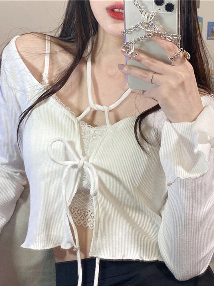 White Cardigan Women Bandage Design Slim Crop Tops Female 2023 Casual Sunscreen Shirt Lady Sweet Basic All-match Knitted Top