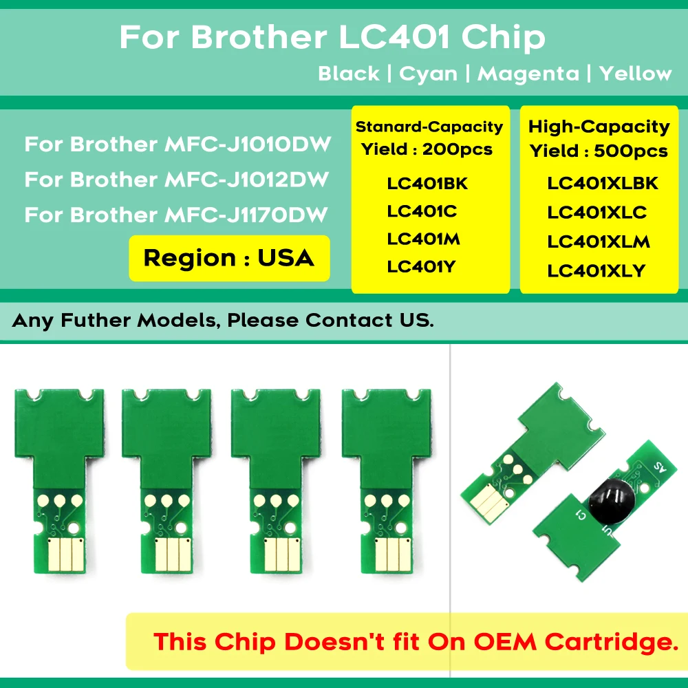 LC401 LC401XL Disposable Chip For Brother MFC-J1010DW MFC-J1012DW MFC-J1170DW Printers