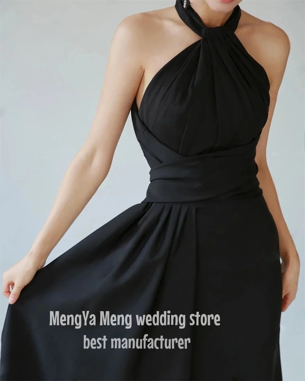 ZHUISHU Gaun Malam Hitam Sederhana Gaun Acara Pesta Formal Panjang Lantai Halter A-Line Gaun Prom Satin A-line Disesuaikan
