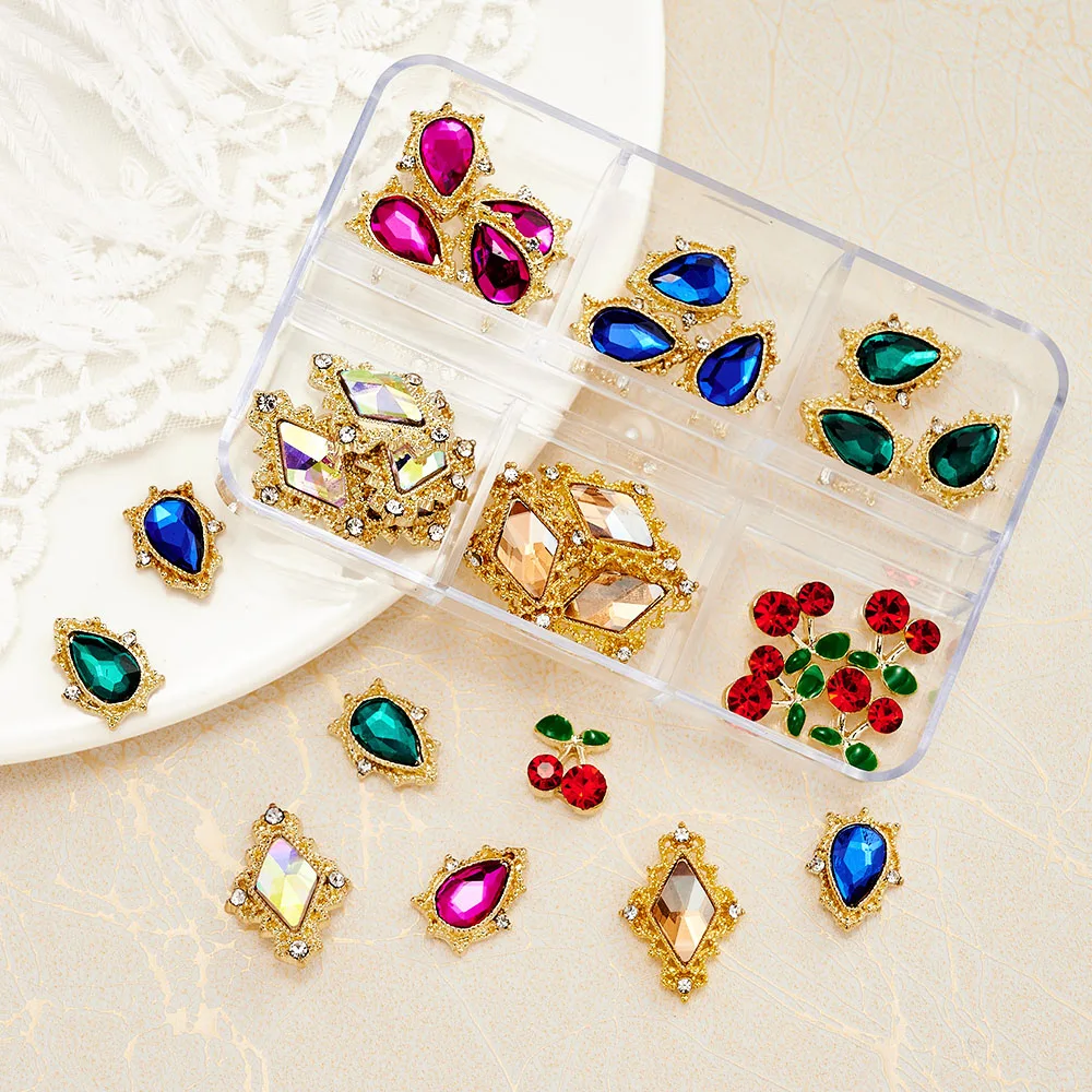 6Grids/Box 3D Nail Art Rhinestone Gems Decorations Heart/Water-Drop Alloy Nail Charms AB Crystal Flat-Back DIY Luxury Nail Jel-1