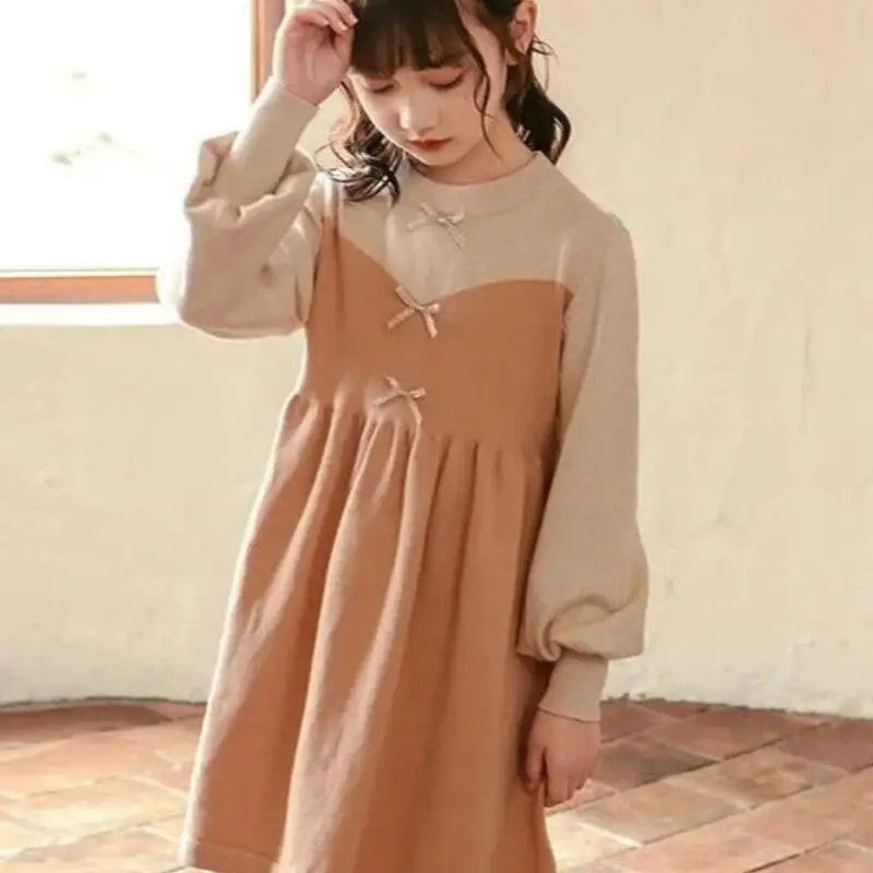 

Kawaii модное платье для девочек, студенческий осенне-зимний повседневный свитер с круглым вырезом, пуловер, топы, вязаная юбка, детская одежда