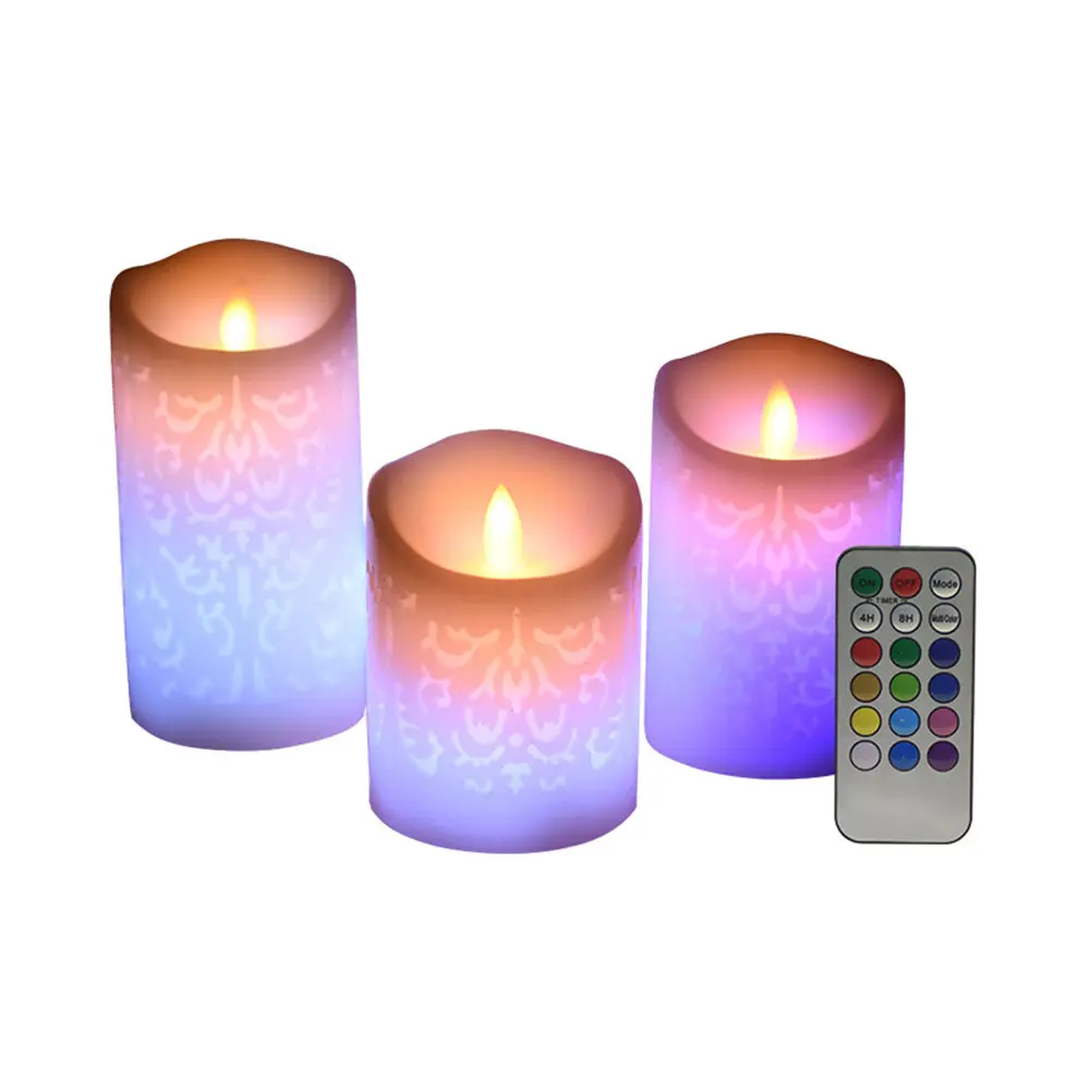 3Pcs Remote Control LED Lights Flameless Flickering Hollow Pattern Decorative Party Light Night Lamp Home Use Battery