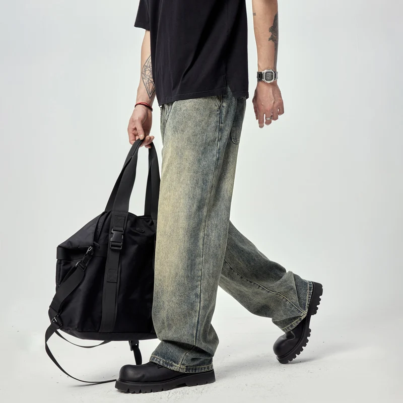 

Street Washed-out Vintage Jeans Men's Loose Straight Korean Style Trendy All-Match Nostalgic Mop Wide Leg Pants