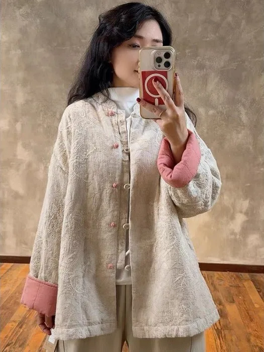 Thiened Embroidered Cotton Jaet Women's Winter New Chinese Sle Retro Button Stand Collar Warm Cotton Coat Outerwear
