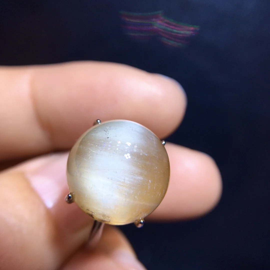 

Natural Green Rutilated Quartz Adjustable Ring Women Men 925 Silver 13.8/13.6mm Rutilated Beads AAAAAA