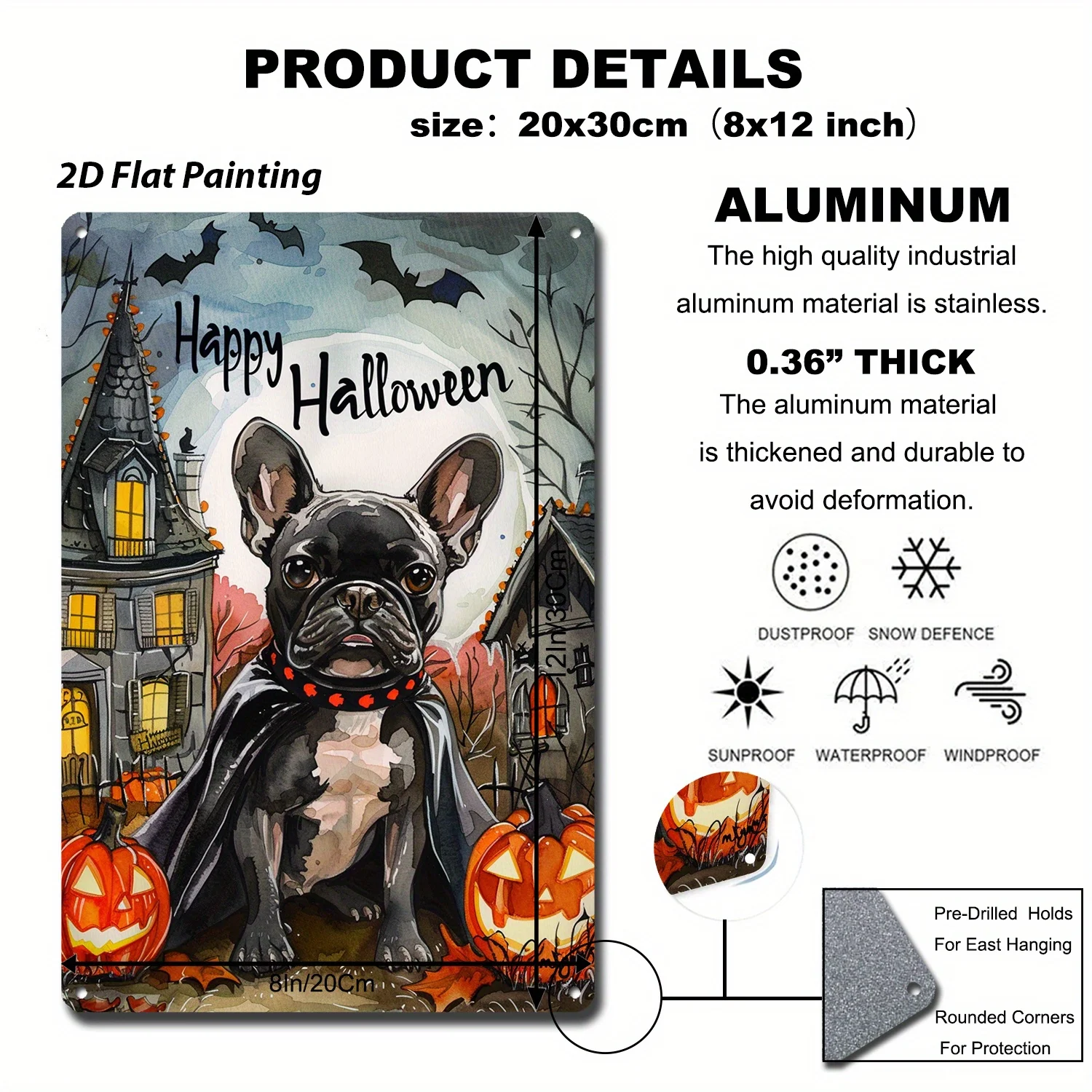 2D Flat 1pc 8x12 Inch(20cm X 30cm) Halloween French Bulldog Bakery Tin Sign Vampire Cape and Spells for Home and Party Easy In