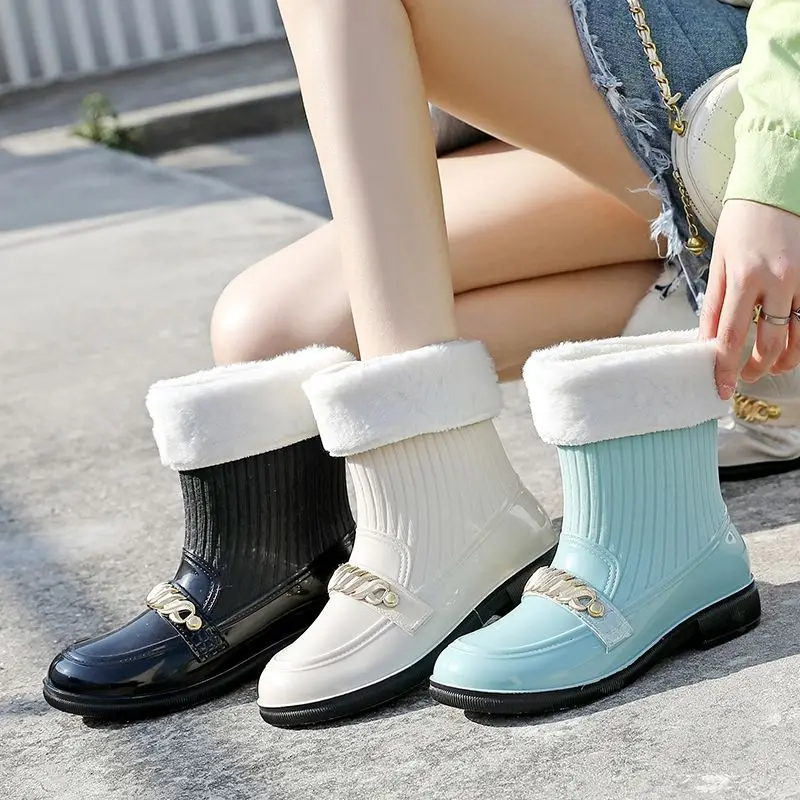 

New Mid Calf Rain Boots Women's Original Brand Metallic Galoshes Woman Trendy Rainshoes Ladies Plush Lined Water Shoes Low Heels