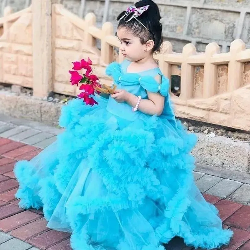 

Customized Blue Flower Girl Dresses for Wedding Pleated Floor Length Princess Girl Kids Birthday Party First Communion Gowns