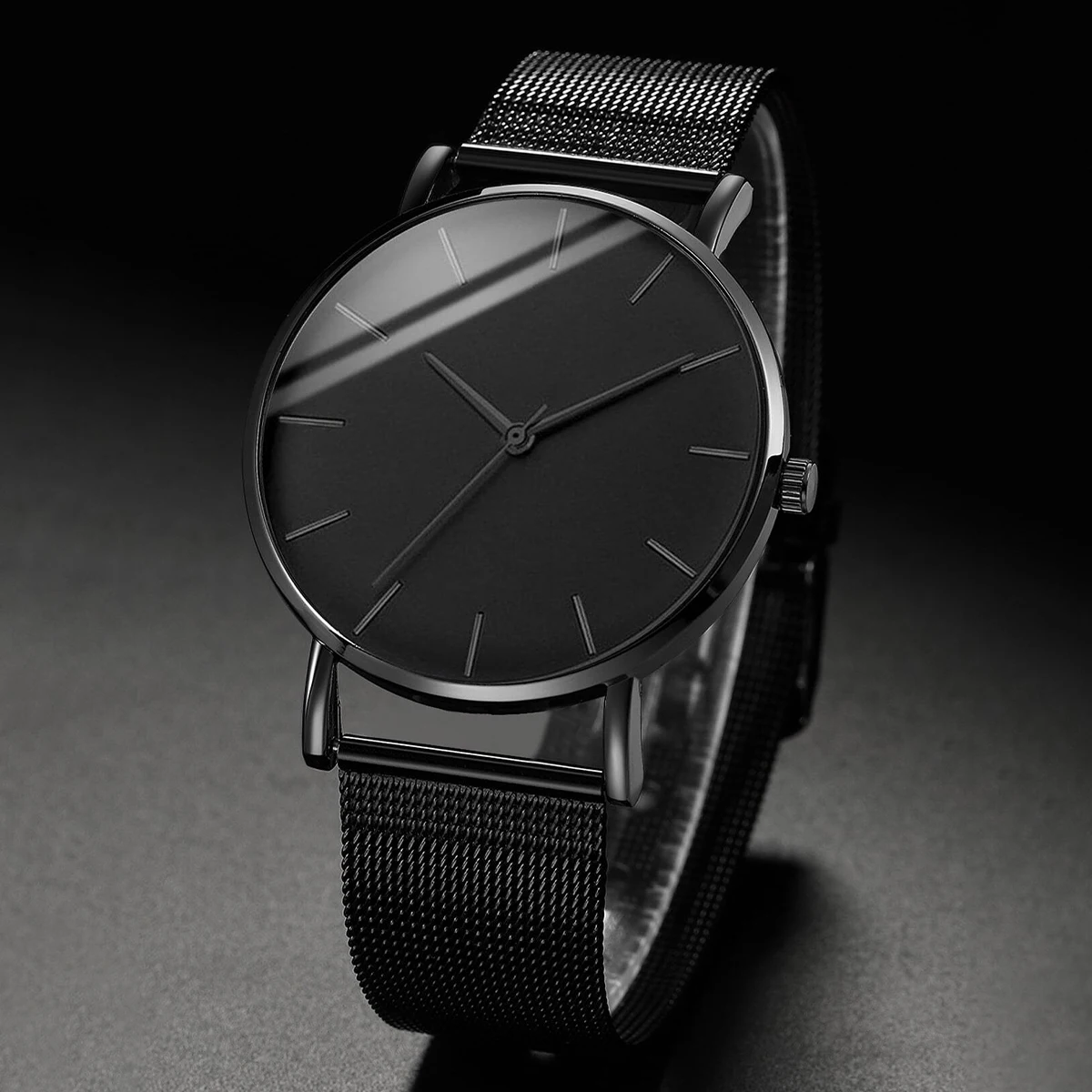 2PCS/Set Fashion Men's Black Mesh Band Quartz Watch With Beads Bracelet（Box not Included）