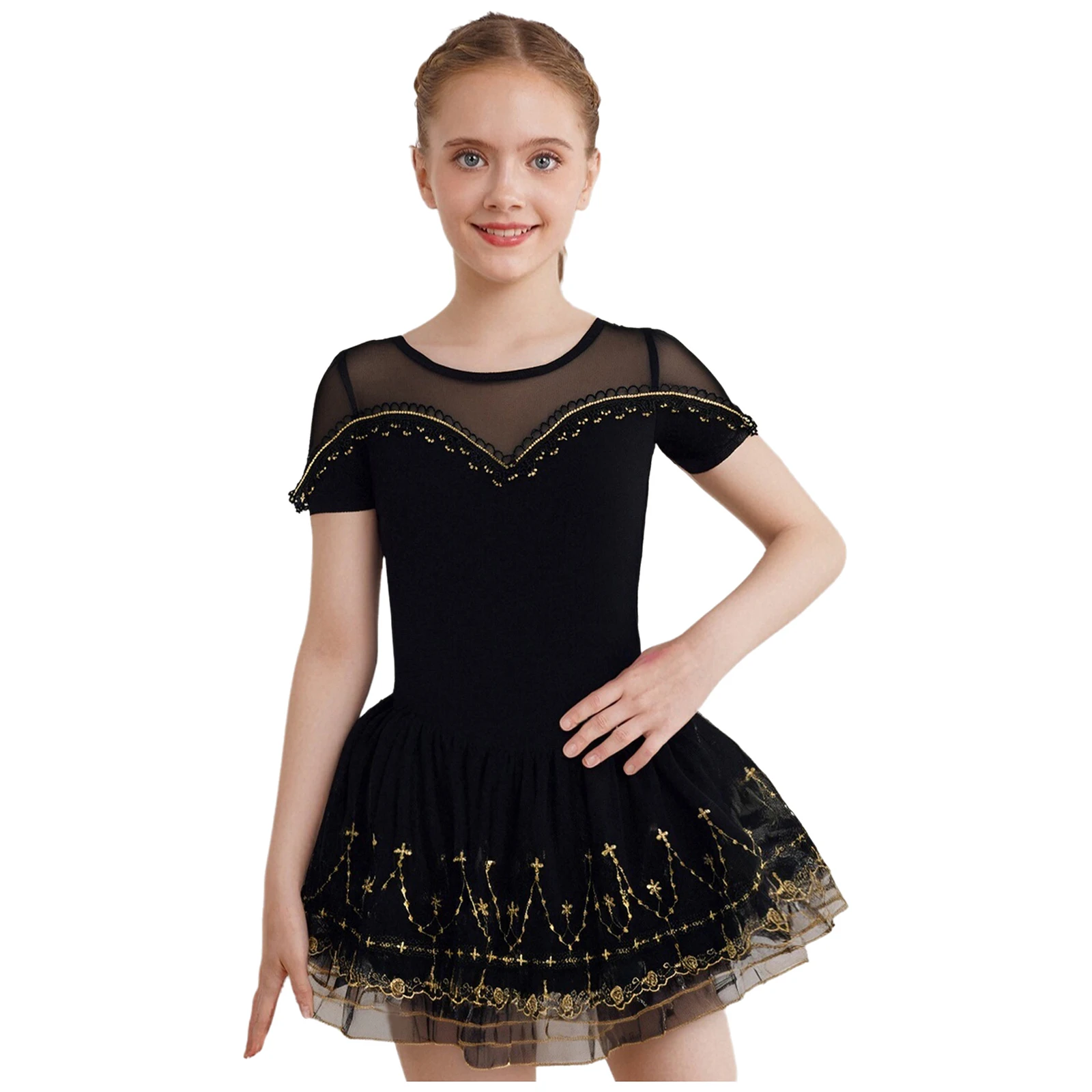 

Kids Girls Figure Skating Dance Dress Short Sleeve Sheer Mesh Patchwork Lace Trim Embroidery Hem Tutu Dress Ballet Dancewear