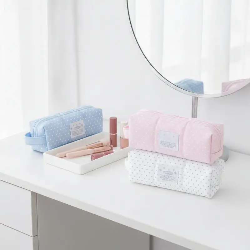 Cute Soft Polka Dot Pencil Case Portable Aesthetic Stationery Organizer Pouch for Kids School Art Classes