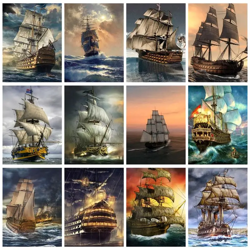 

RUOPOTY 5D Diamond Painting Ship Seaway Mosaic Full Round/Square Embroidery Picture Of Rhinestones Wall