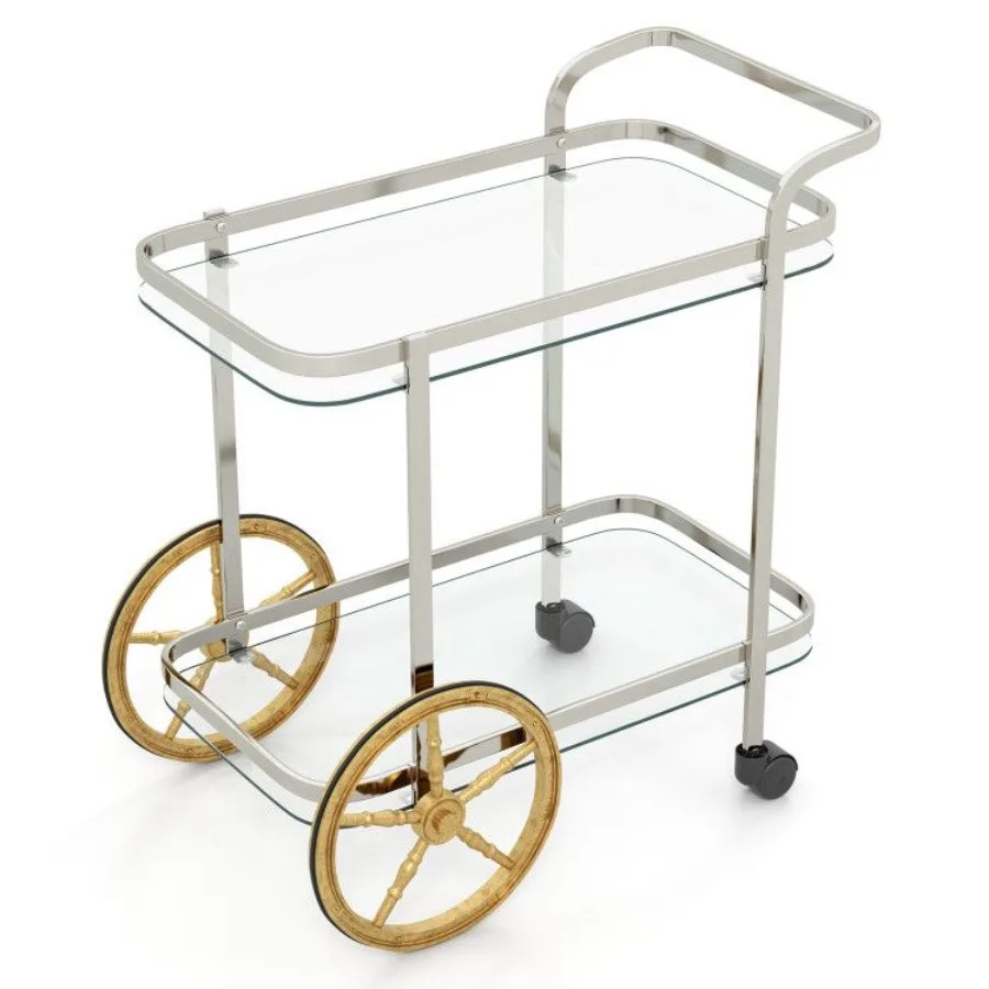 Chariot de barre en verre trempé à 2 niveaux avec 2 grandes roues en aluminium et 2 roulettes
