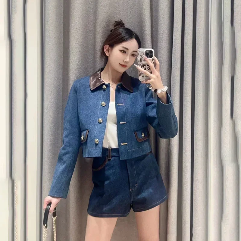 2024 New Women Fashion Set Leather Splicing Turn-Down Collar Ladies Single Breasted Short Jacket and High Waist Shorts