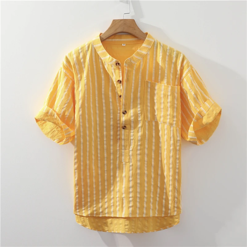 

Retro Japanese Sle Men's ort Sve irt Summer Loose Fit Thin Cotton Linen f Sve Stripe Pattern Casual Youth irt