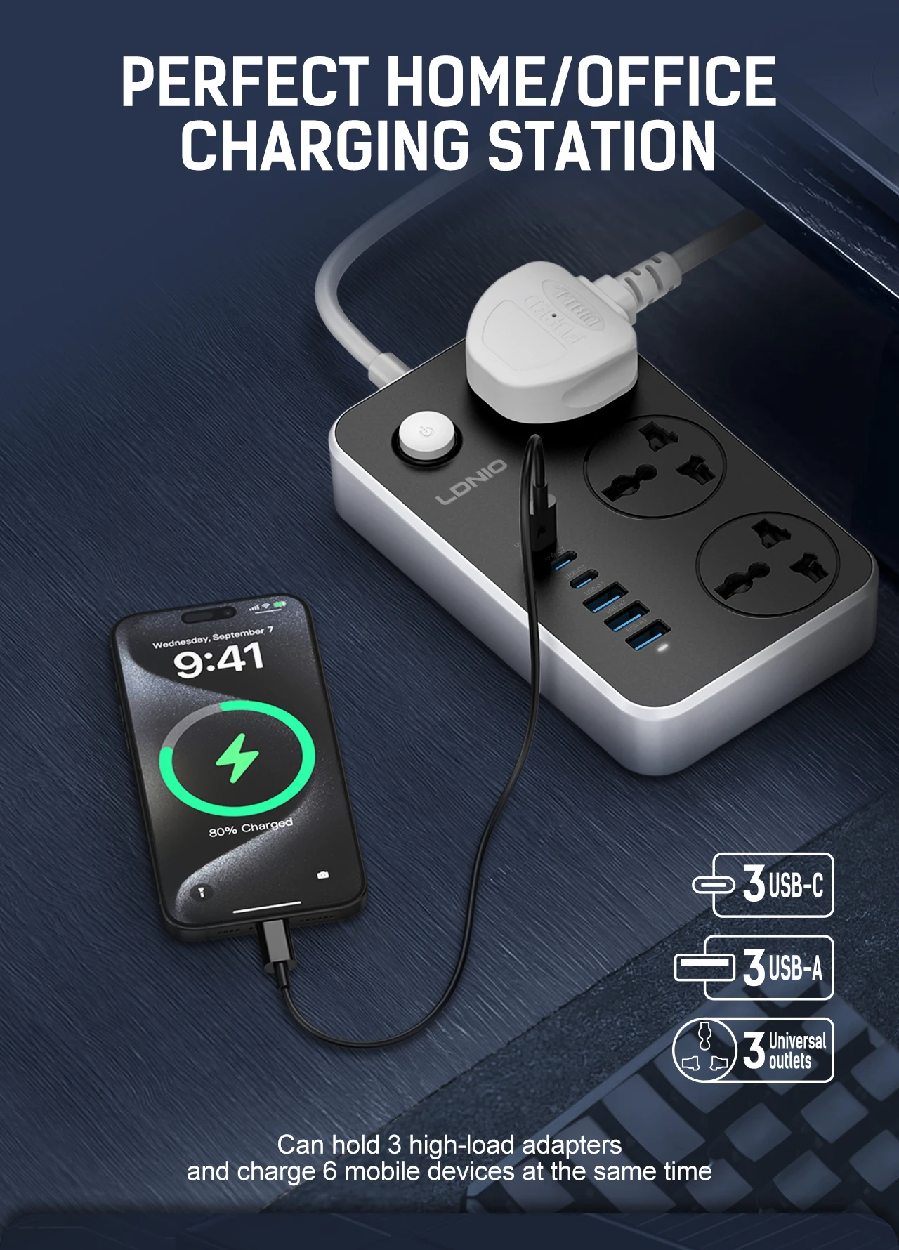 LDNIO قطاع الطاقة العالمي TypeC 6 منفذ USB 3 طريقة مخرج تيار متردد 2 متر تمديد مقبس الطاقة تهمة مقبس كهربائي الاتحاد الأوروبي الولايات المتحدة المملكة المتحدة التوصيل
