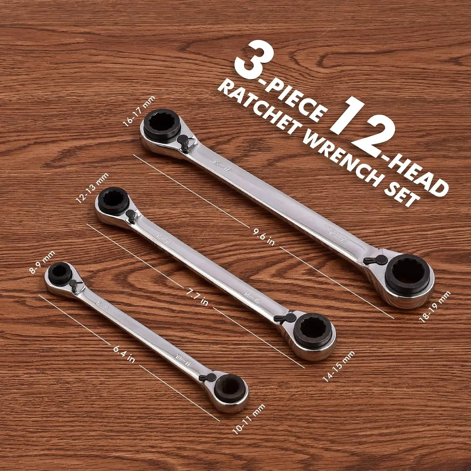 4 in 1 ratchet wrench set, reversible ratchet wrench set, double toolbox set, metric 8-19mm 3 pieces