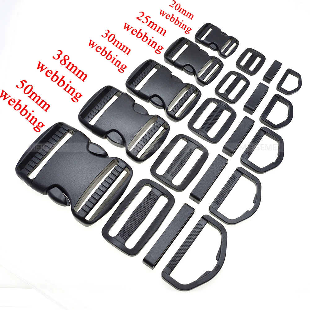 1 set 20mm 25mm 30mm 38mm 50mm Plastic Slider Adjustable Rectangle Ring Belt Loop Curved Side Release Buckles For Paracord