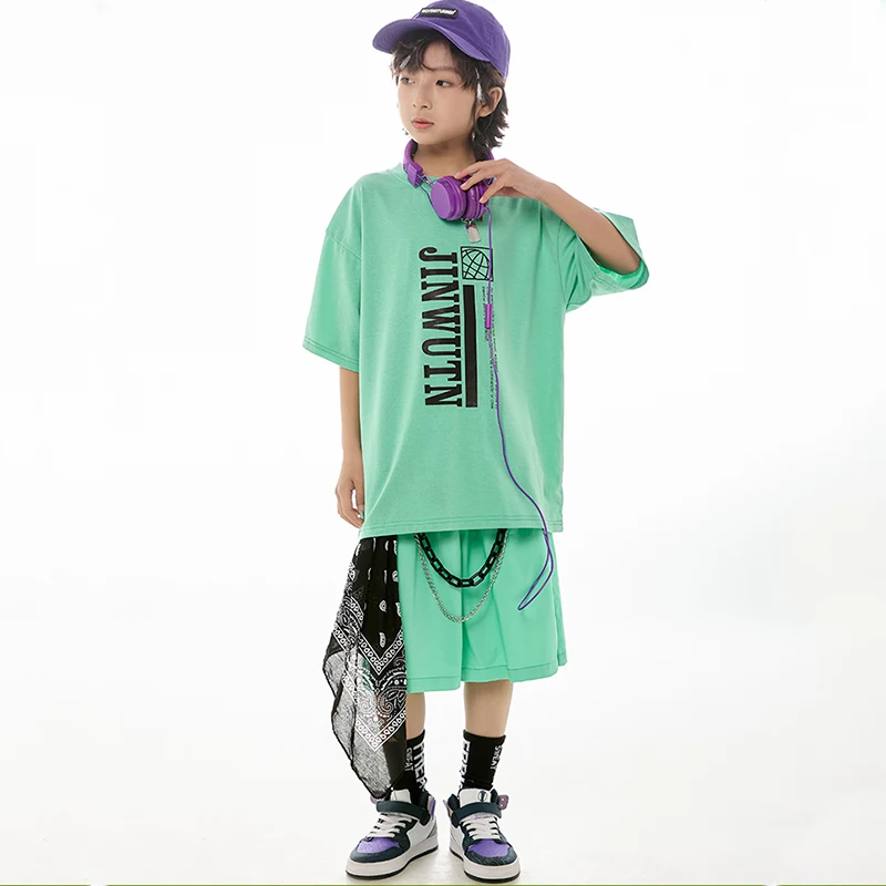 Ropa de Hip Hop de manga corta para niños, Tops verdes sueltos, pantalones para niñas, ropa de baile de Jazz, disfraz de espectáculo de tambor deportivo para niños BL12833