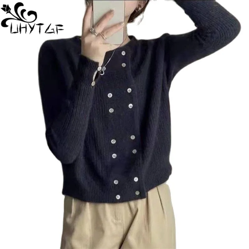

UHYTGF Sweater Women's Fashion Double-Breasted Cardigan Spring Autumn Sweaters Jacket Female Long-Sleeved Casual Short Coat 1876