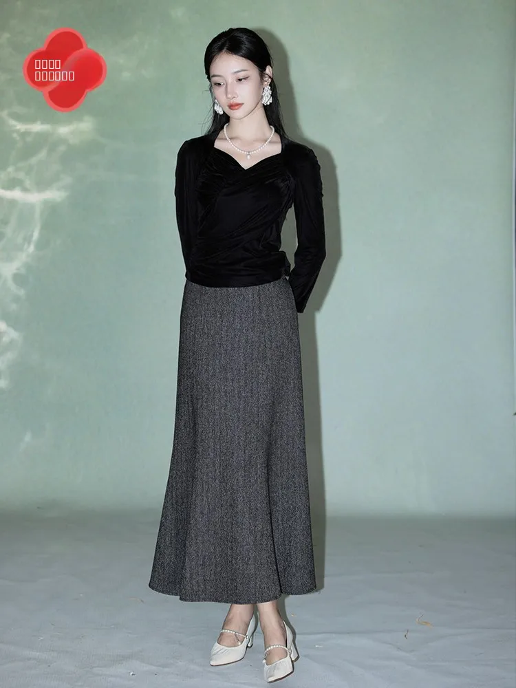 

Ele Red Face Spring 2026 Early Vintage Modern High Waist Fi Tail f Skirt Women's Faion Woolen Skirt High Waist