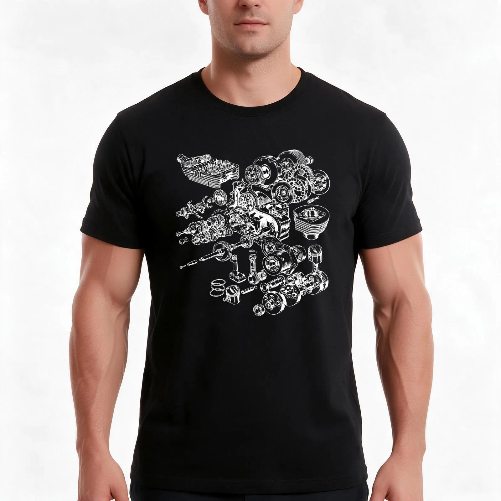Motor Cycle Engine Exploded View T-Shirt, Summer Casual Cotton Tee, Oversized Streetwear Tops, Vintage Graphic Print
