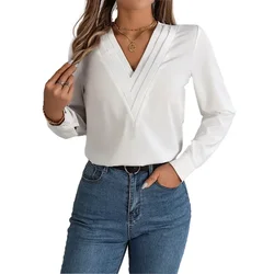 Fashion Multi-layer V Neck Pullover Shirt Women Elegant Commuter Casual Solid Color Blouse Autumn Winter Long Sleeve Female Tops