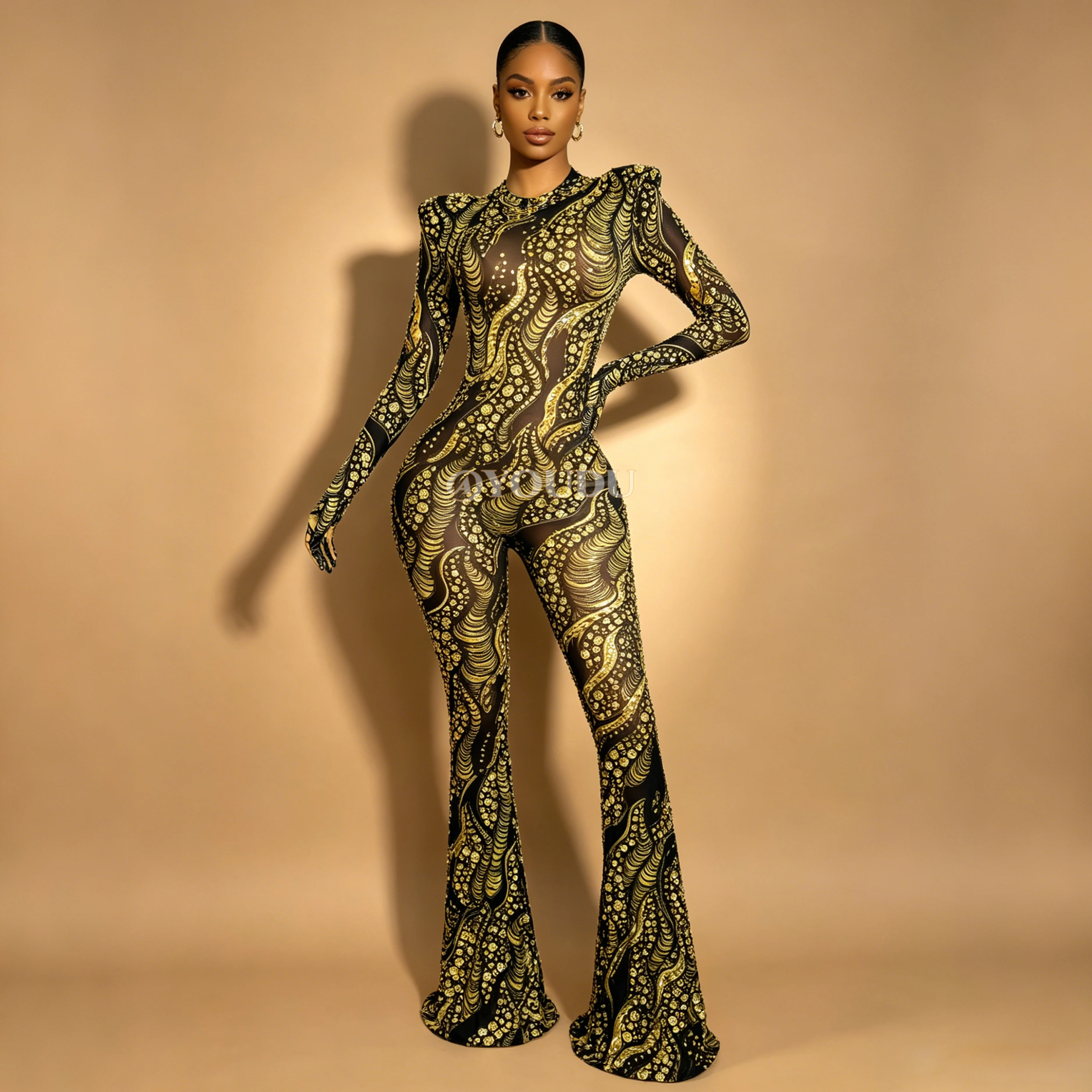 New Special Designed Shining Gold Rhinestones Bell-bottoms Mesh Bodysuit Evening Party Fashion Show Stage Outfit Jinchanyong