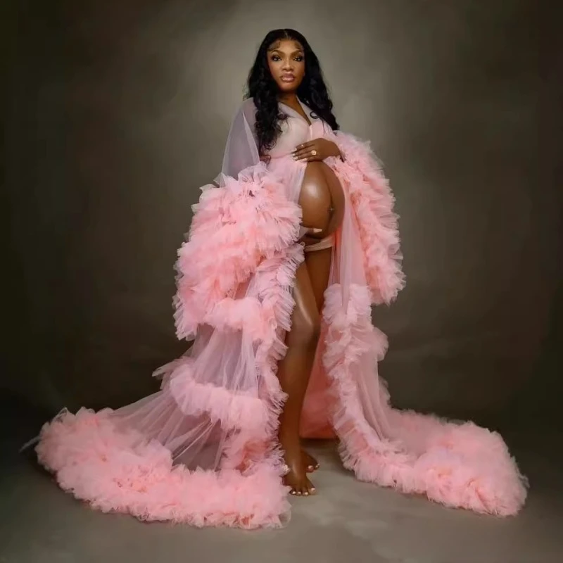 Maternity Prom Dress Embroidered Ruffled Train Gown Custom V-Neck Babyshower Photography Robe Long Sleeves vestido maternidad