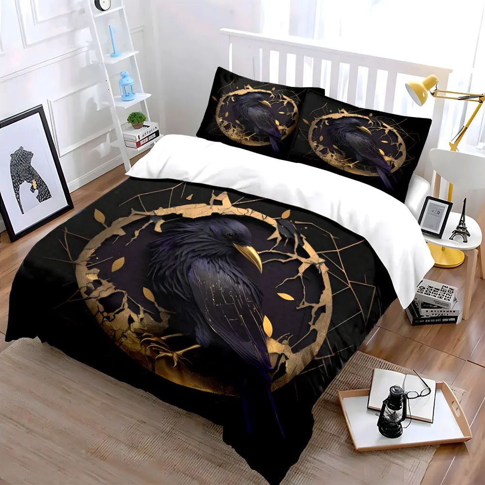 Black Raven with Gold Accents Gothic 3PCS Bedding Set Soft Microfiber Bed Sheet Pillowcase Set for Dark Aesthetic Bedroom Decor