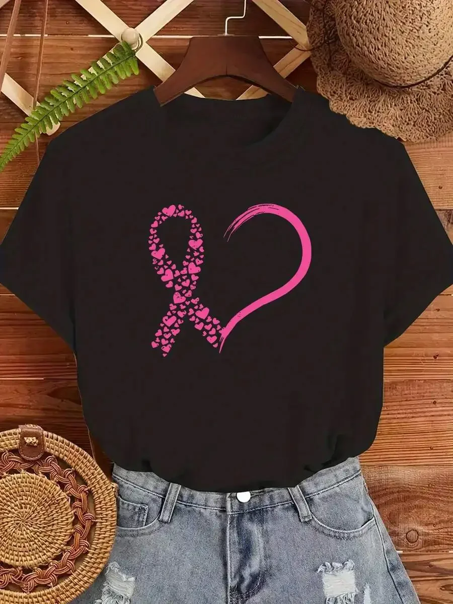 2026 Fashion New Arrival Women Crew Neck Short Sleeve T Shirt Pink Heart Ribbon Breast Cancer Awareness Graphic Tee Soft Washable Casual Daily Top Breast Cancer Support Gift For Ladies Basic Tee