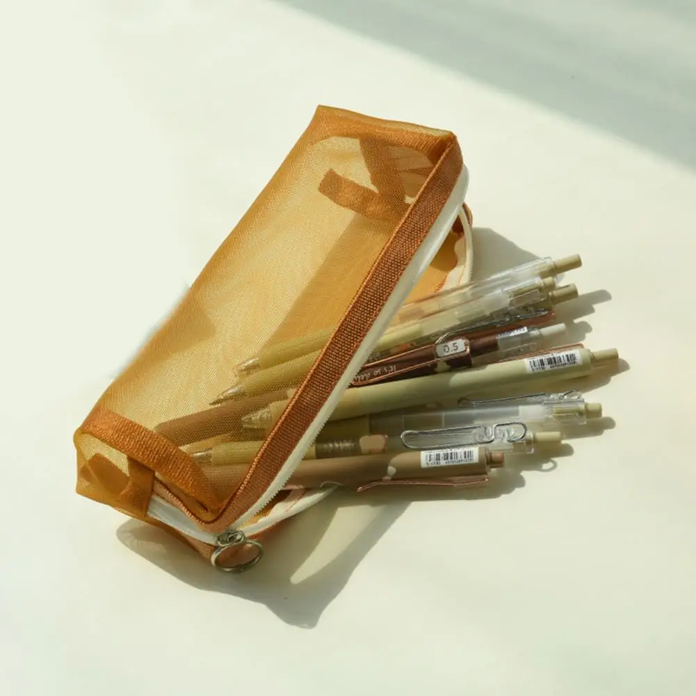 容量ペンシルケース耐久性のある広々としたアルミポーチ、ジッパー付き透明メッシュペンバッグ、学生用文房具収納用