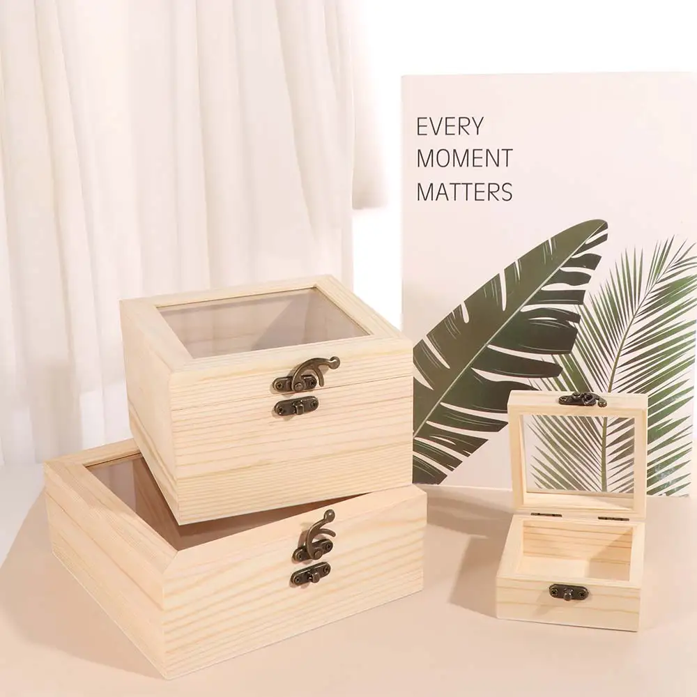 Rectangular Wooden Storage Box Retro High-Visibility Desktop Organizer with Glass Cover Decorative Candy Display Box Home