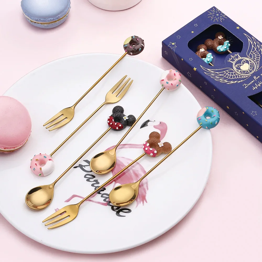 Cartoon Lollipop Doughnut Mickey Spoon Fork Stainless Steel Gold Tea Coffee Stirring Spoon Fruit Dessert Fork Teaspoon Tableware