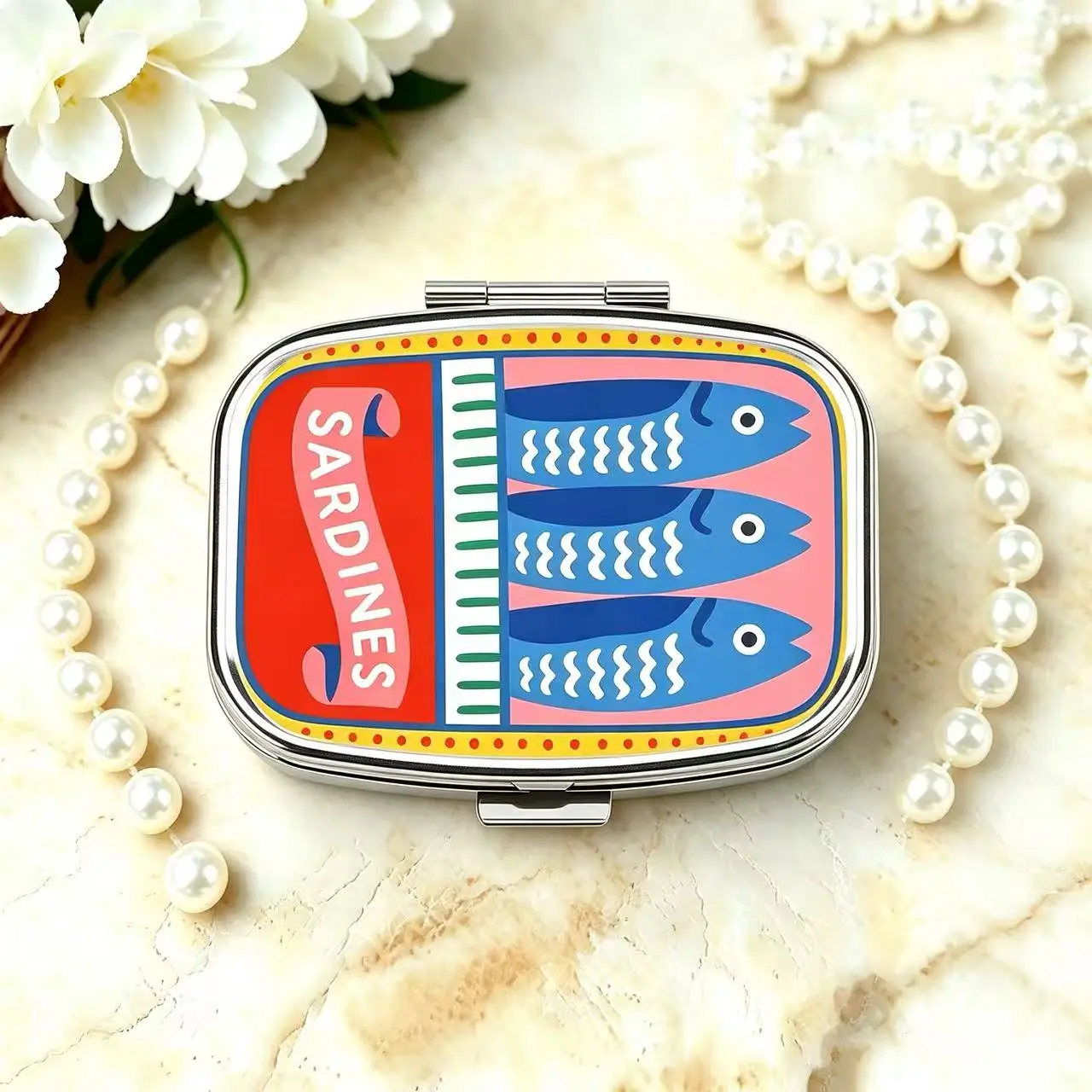 2 Compartments Metal Pill Box, Retro Sardines Fish Print Portable Pocket Pill Case, Mini Travel Medicine Storage Container view 4