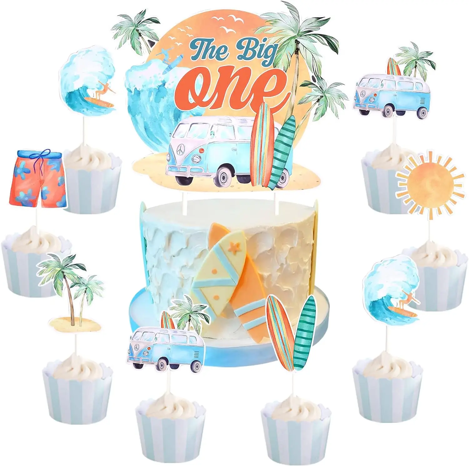 25Pcs The Big One Surf Cake Toppers for 1st Birthday Summer Beach Birthday Decor for Boy Girl’s First Birthday Party Supplies