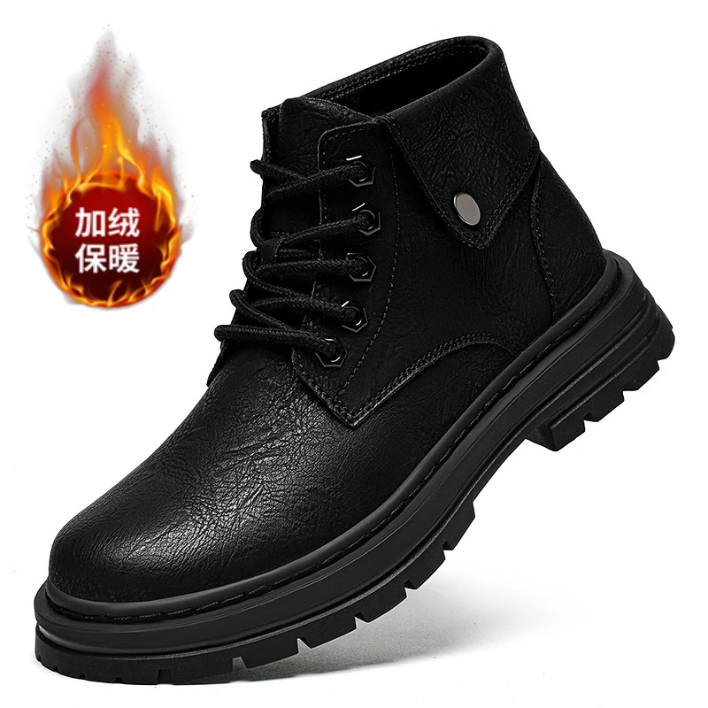 Winter Brand Plush Warm Cotton Shoes High-quality Men's Comfortable Lace Up Leather Anti Slip and Wear-resistant Short Boots